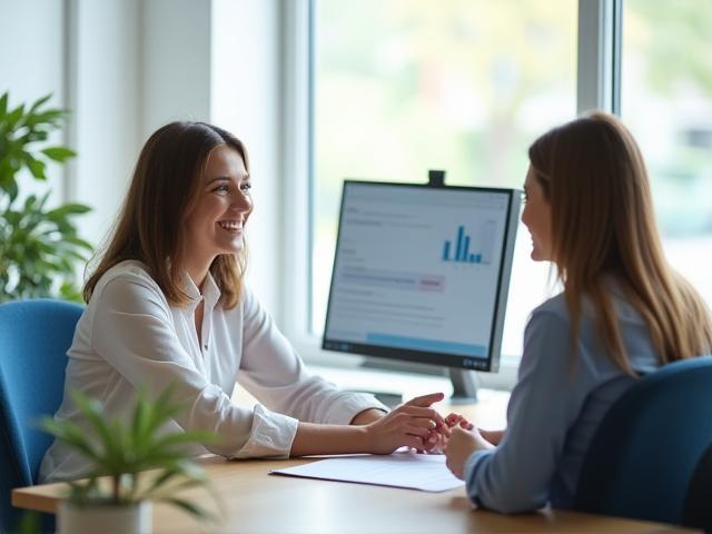 Friendly finance consultant speaking with a customer in a modern office, MaxDrive Auto Sales financing